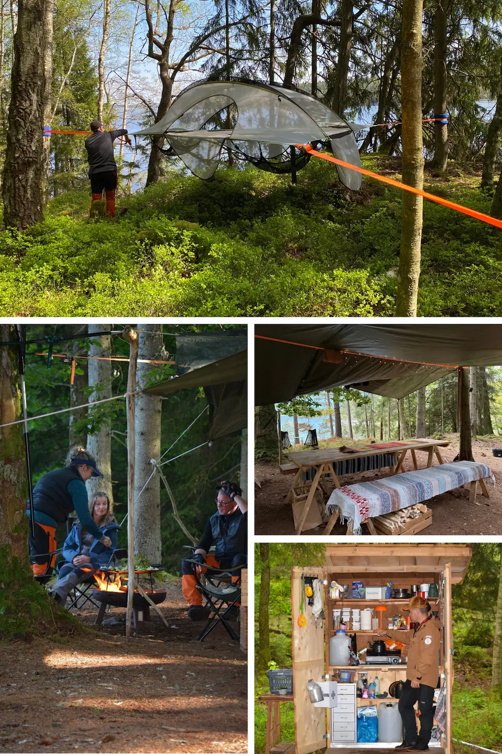 Skafferi, matplats och campmiljö hor Pevon ecoturism i anslutning till hängande tält i naturen, perfekt för en svävande tältupplevelse och möjligheten att sova under bar himmel och övernatta i träden.
