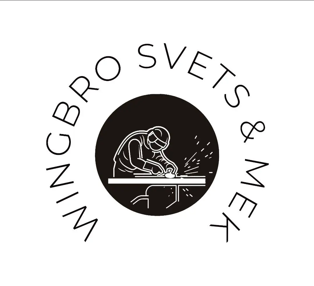 Rund logotyp med en vit illustration av en svetsare mot svart bakgrund, omgiven av texten “Wingbro Svets & Mek