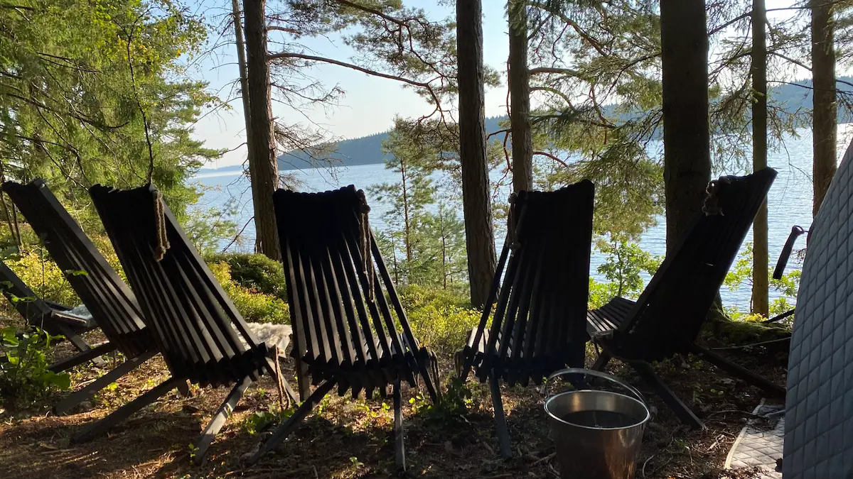 Svarta relaxstolar i halvcirkel bland träd i en lugn skogsmiljö.